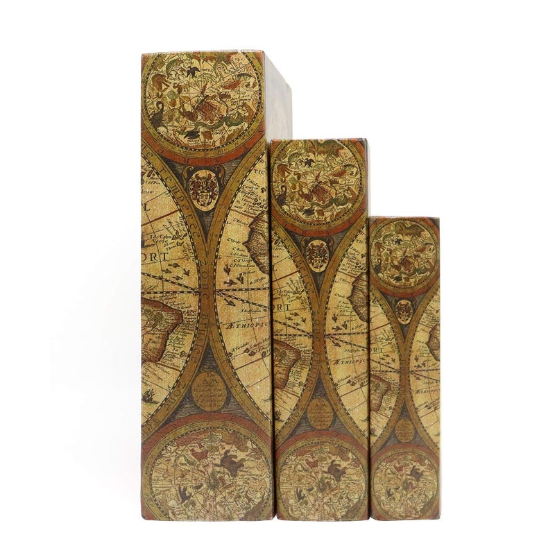 Jolitac Decorative Book Boxes World Map Pattern Antique Book Invisible box with Magnetic cover, Faux Wood Set of 3 Storage Set (Map) - Image 3